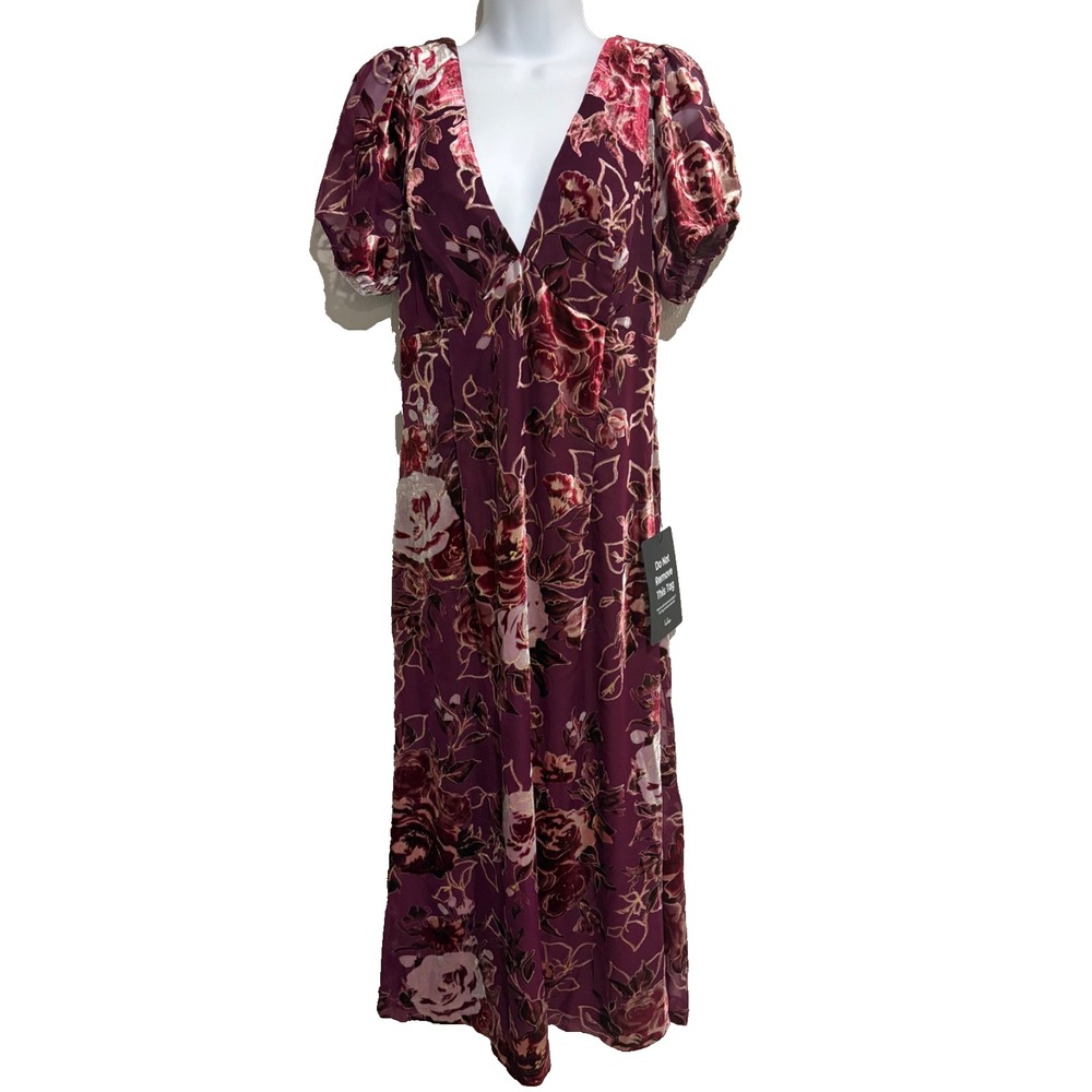NWT Lulus Plum Burnout Floral Midi Dress~M~Deep V Short Puff Slv Ren Faire Fairy
